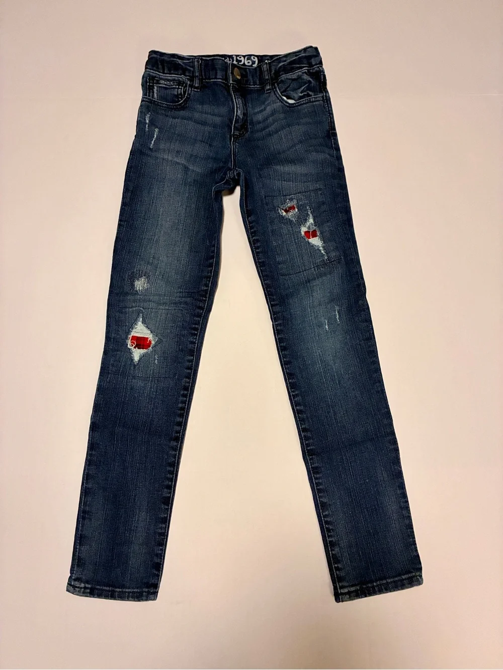 GAP Dark Blue Skinny Jeans with Red Flannel Patch Accents